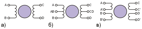 Биполярный двигатель (а), униполярный (б) и четырехобмоточный (в). 