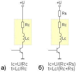 Питание обмотки номинальным напряжением (а) и использование ограничительного резистора (б).