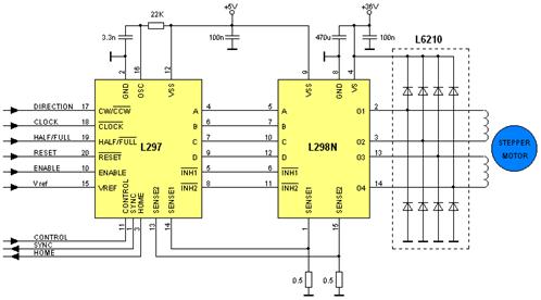 Типовая схема включения микросхем L297 и L298N.