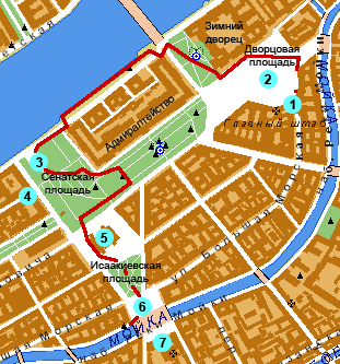 маршрут пешеходной экскурсии по главным площадям Санкт-Петербурга