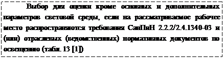 Подпись: Выбор для оценки кроме основных и дополнительных параметров световой среды, если на рассматриваемое рабочее место распространяются требования СанПиН 2.2.2/2.4.1340-03 и (или) отраслевых (ведомственных) нормативных документов по освещению (табл. 13 [1])